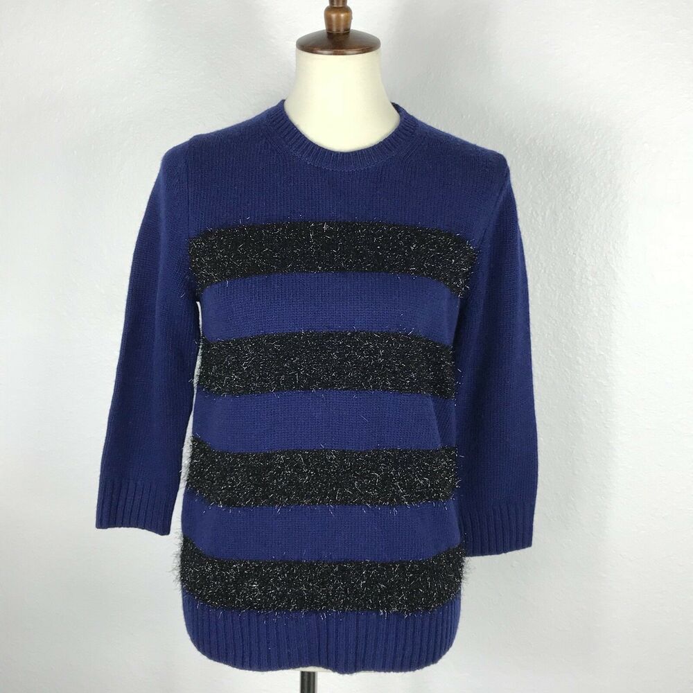 Ann Taylor Sweater Women L Fuzzy Striped Preppy Chic Elevated Basic Holiday‎ NWT